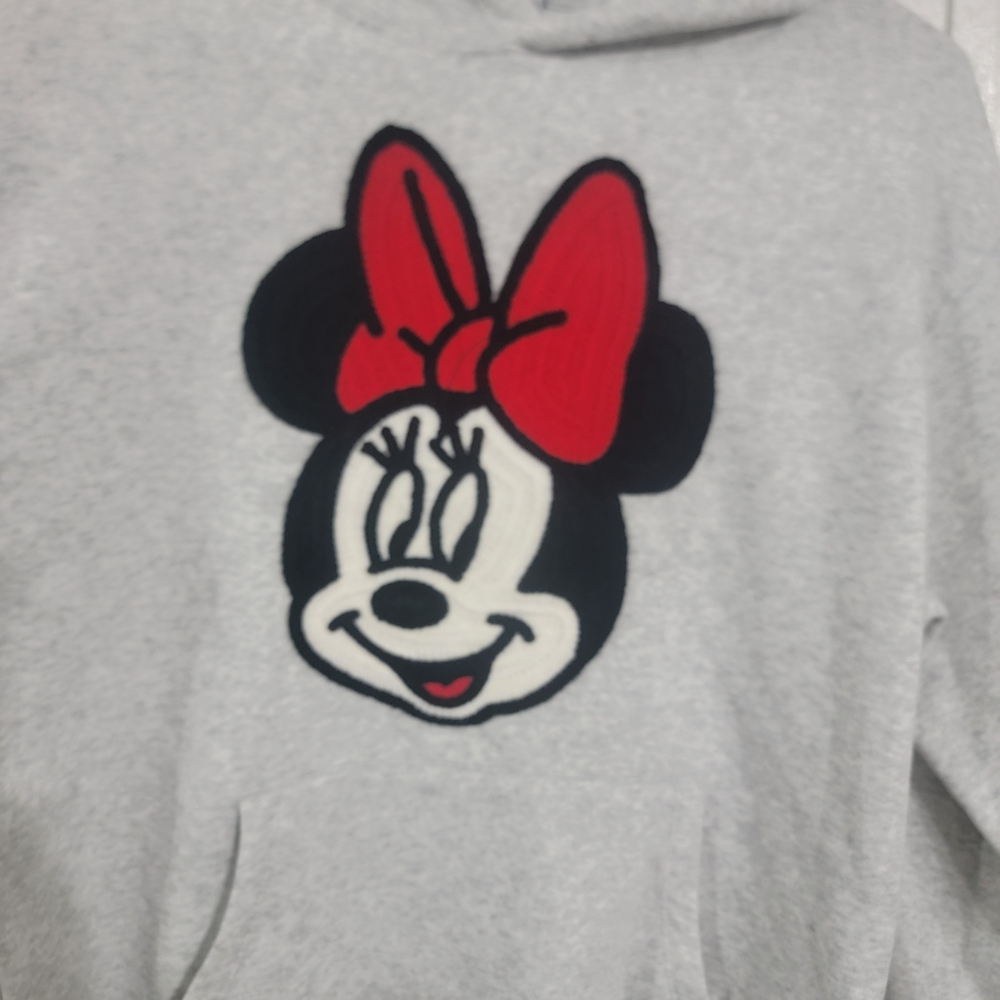 Disney • Heather Gray Minnie Mouse Embroidered Face Hooded Sweatshirt - Picture 3 of 6